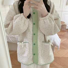 米白绿波点毛绒开衫蝴蝶结睡衣套装女加厚秋冬居家睡眠家居服批发