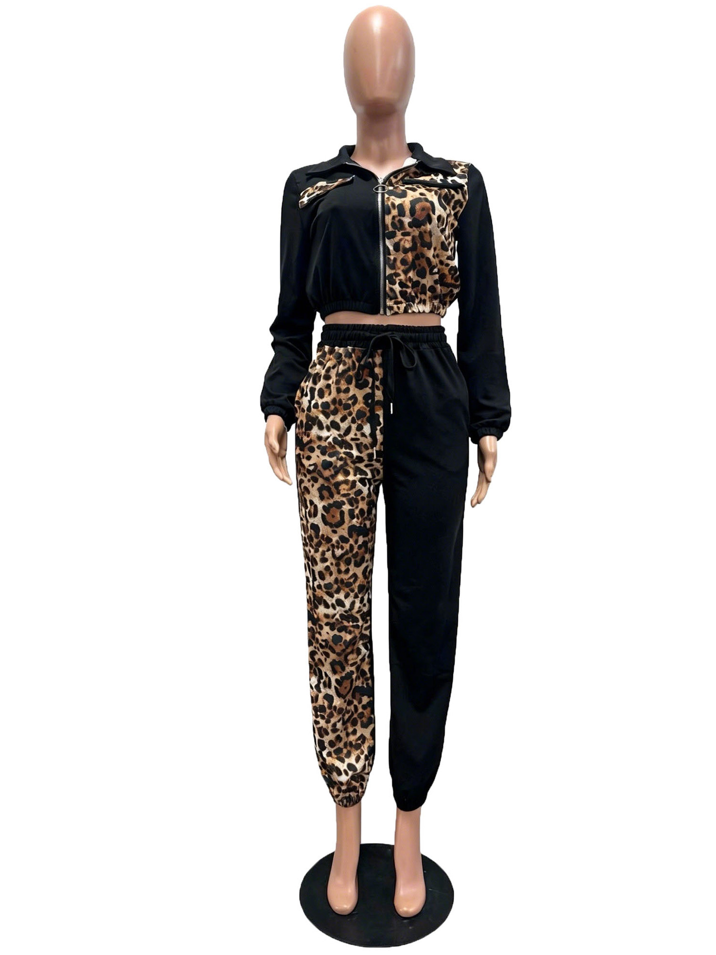 Women's Leopard Print Color Block Pant Set Casual Suit Style_voghion.com