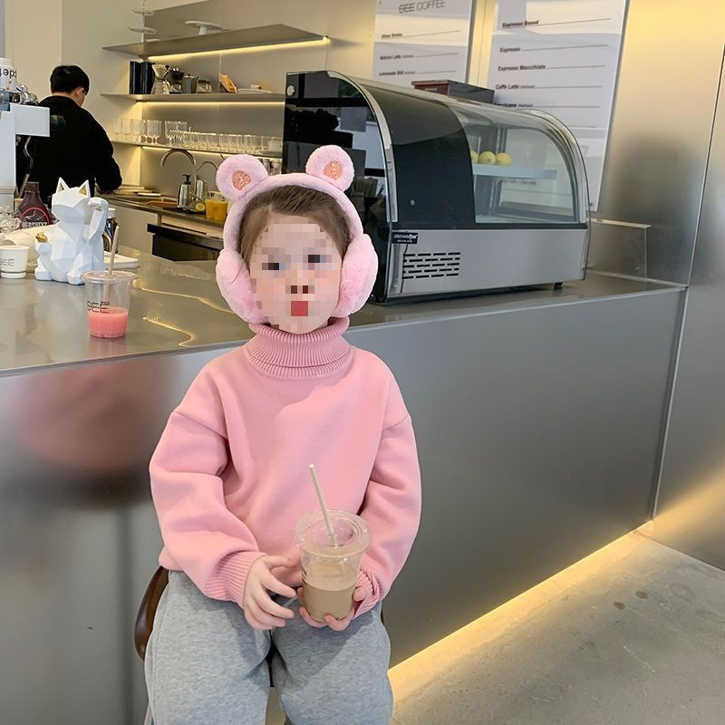 儿童高领毛衣秋冬款男女童一体绒加厚保暖女宝宝纯色中小童上衣潮