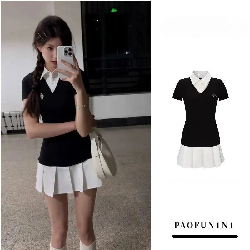 A set of summer wear women's 2025 college style little hot girl wear JK stitching slim pleated dress A set of summer wear women's 2025 college style little hot girl wear JK stitching slim pleated dress