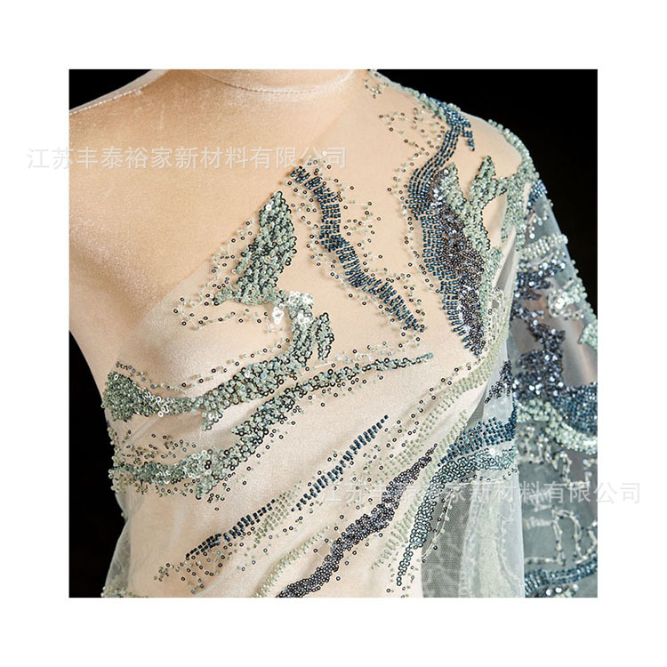 Tejido de sequilla tela de ropa azul hilo de malla tela flor sequilla cuentas de clavado cuentas de perforación vestido de alta gama