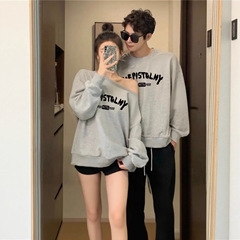 复古潮牌浅灰色情侣装圆领斜肩卫衣春秋季新款韩版设计感百搭套装