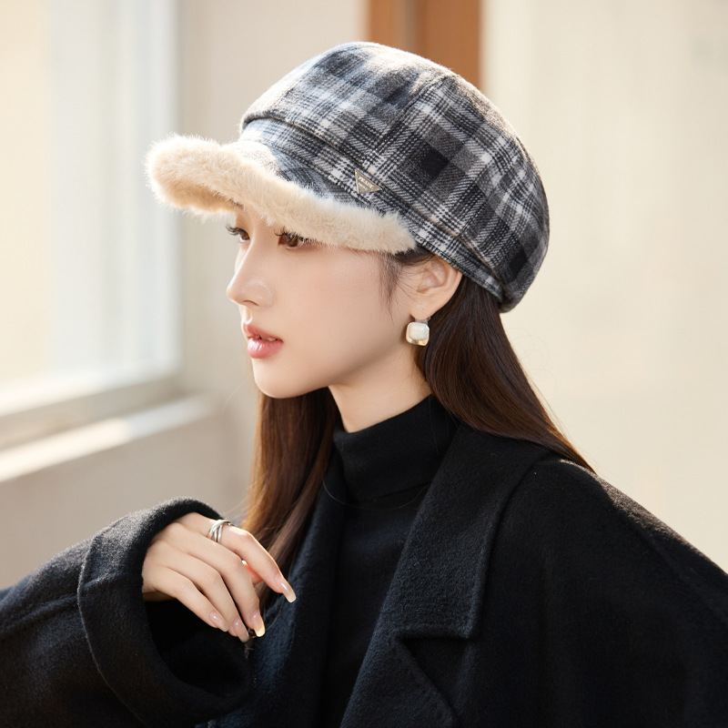 秋冬季帽子女气质复古格子条纹八角帽经典百搭毛绒保暖加厚画家帽|undefined