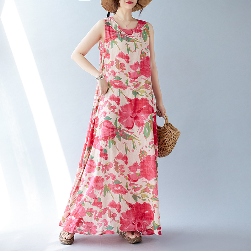 Real Shot Of The 2024 Summer New Bohemian Artistic Loose Sleeveless Round-neck Printed Mid-length Dress For Women_ecoleips.com