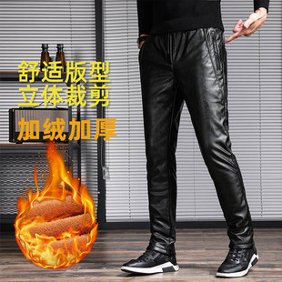 Slim Leather Pants Spring & Fall Men's Elastic Winter Waterproof Cycling Motorcycle Casual Men's Warm Fleece-lined Thickeneding