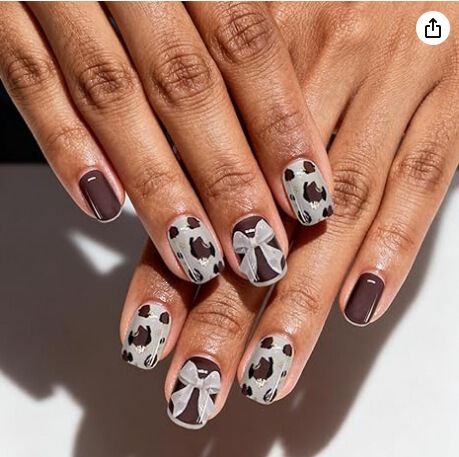 Wearable Nail Art with Bowknot, Niche Design, Girly Style, Short and Cute, Color-Blocking, High-End Fake Nail Stickers, Nail Tips