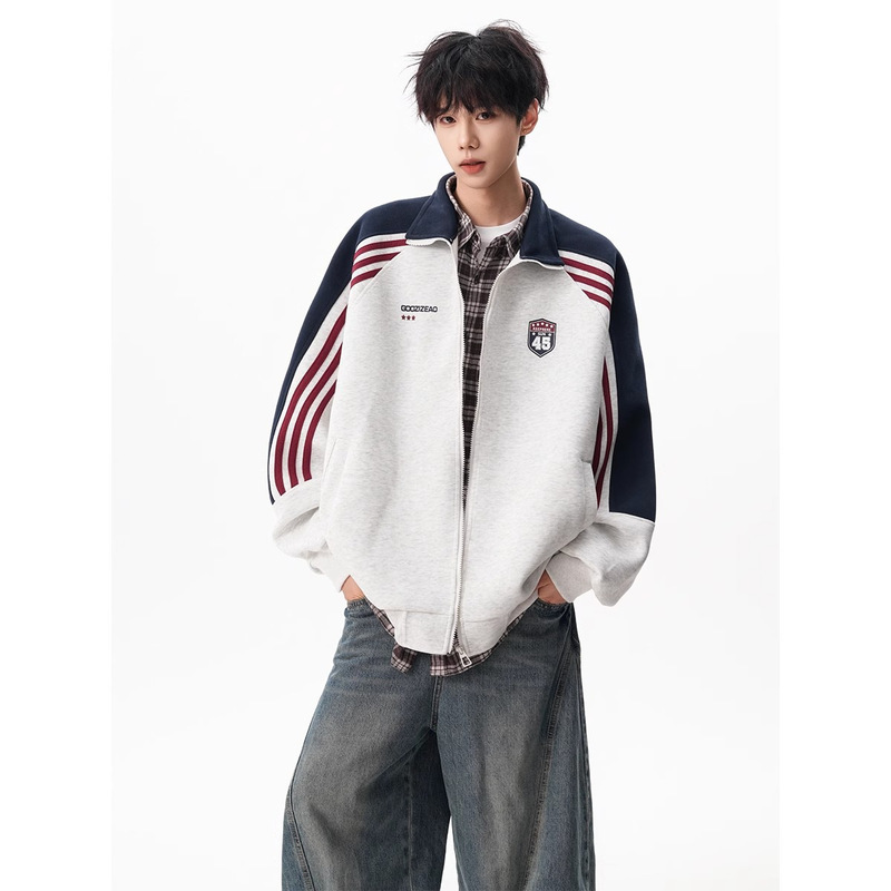 American-Style Striped Color-Block Stand Collar Cardigan Sweatshirt Men's Trendy Brand College Style Loose Casual Versatile Sports Jacket Coat