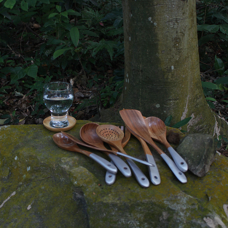 相思木烹飪鏟勺8件套裝沙拉勺叉攪拌勺銀色手柄鍋鏟牛排煎鏟木鏟