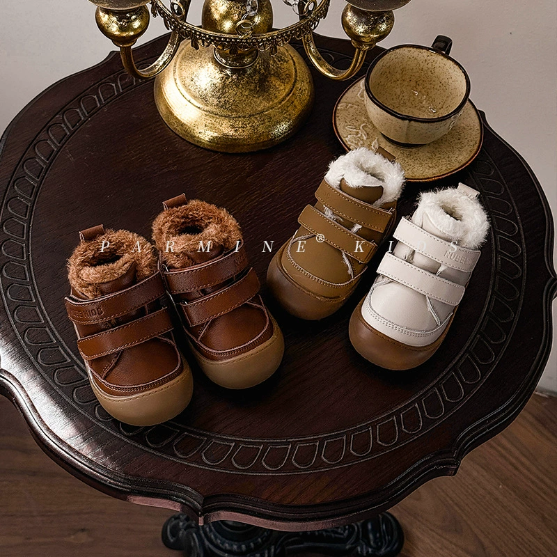 Кожаные детские плюшевые хлопковые сапоги 2025 зимние новые мужские и женские теплые сапоги маленькие дети снежные сапоги