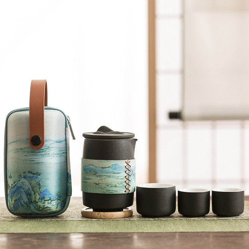 Forbidden City Wenchuang Qianli Jiangshan Ceramic Travel Tea Set One Pot Three Cups Outdoor Portable Company Accompanying Gift Tea Set