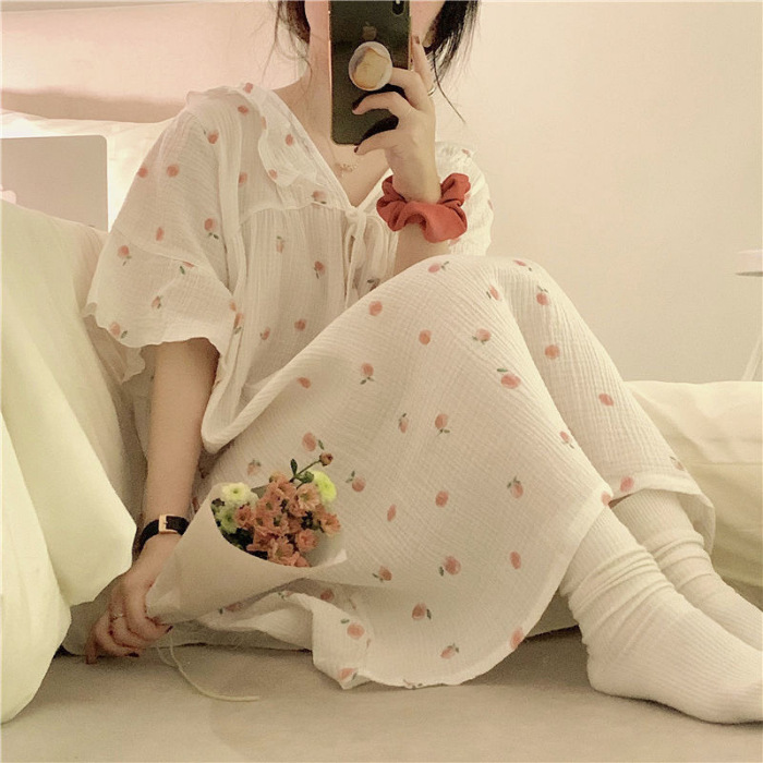 Pijamas de verano de las mujeres de la burbuja de algodón de manga corta camisón cardigan estudiante arruga dulce lindo ins estilo ropa para el hogar Generación de pelo