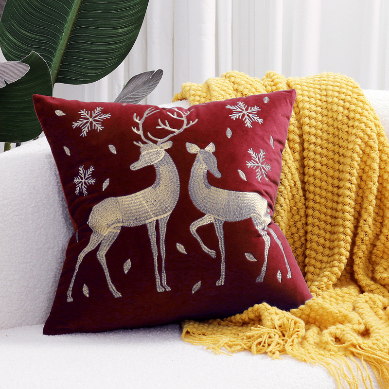 ヘラジカのクリスマスツリーブロンズ枕カバー、秋冬スノーフレーク刺繍クッションカバー45*45、クロスボーダーホットセール|undefined