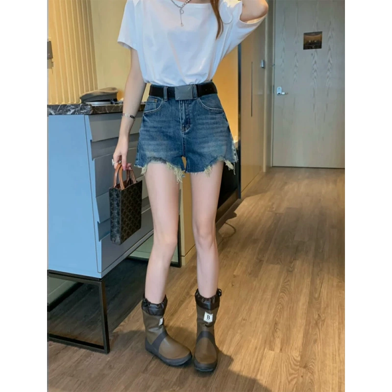 Ретро синие рваные джинсовые шорты 2025 лето новый стиль персонализированные высокие потертые A-силуэта широкие шорты для женщин