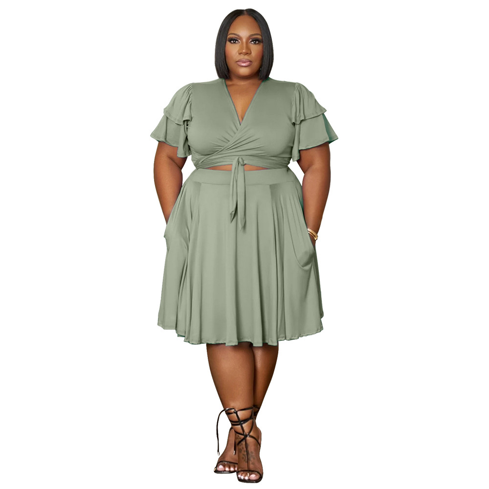 385g Weight Short Sleeve Sleeve Length Spandex Fabric Type Skirt Co-ord Set Sets Type 2 Pieces Set Quantity Daily Occasion V Neck Neckline Regular Fit Fit Type Solid Color Pattern Summer Season Pleated Design Casual Style Daily Casual Solid Color Spandex Pleated Skirt Co-ord Set Plus Size Two-piece Sets 9
