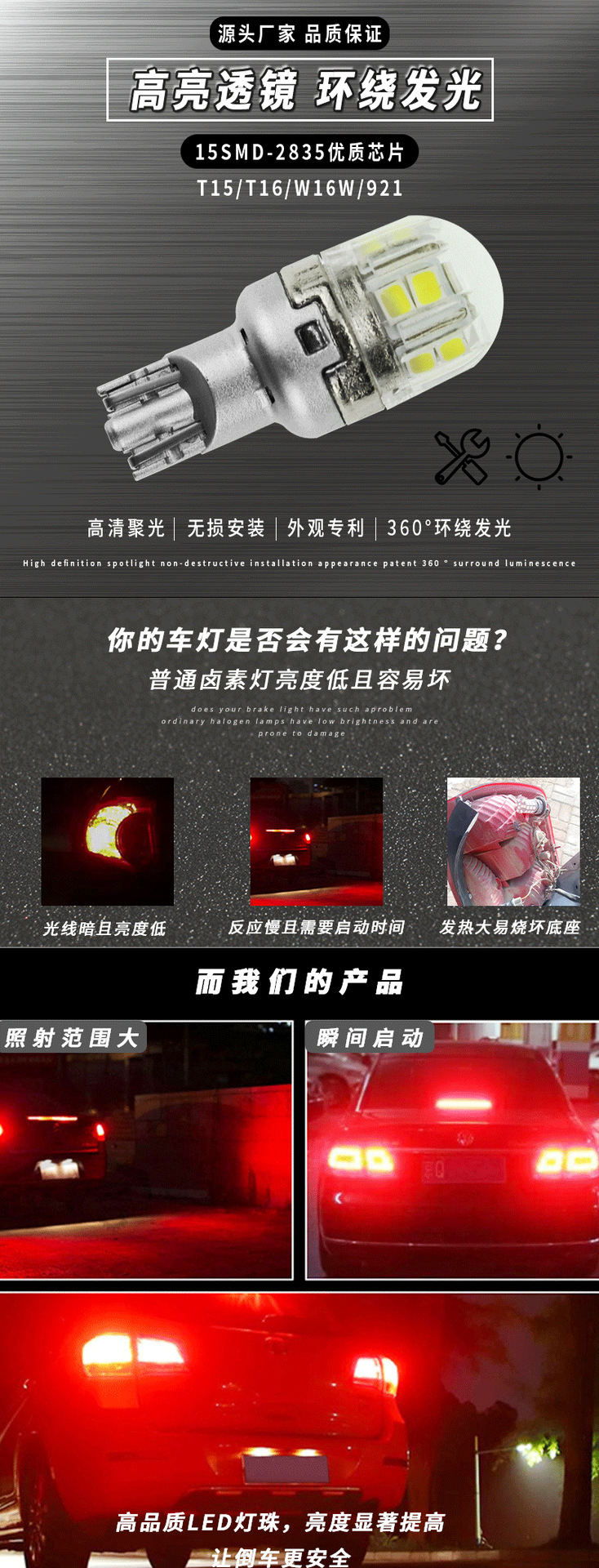 T15Led Car Reversing Light Tail Light High Brightness Car Light T16/921/W15W Car Bulb Infinite 12V24V