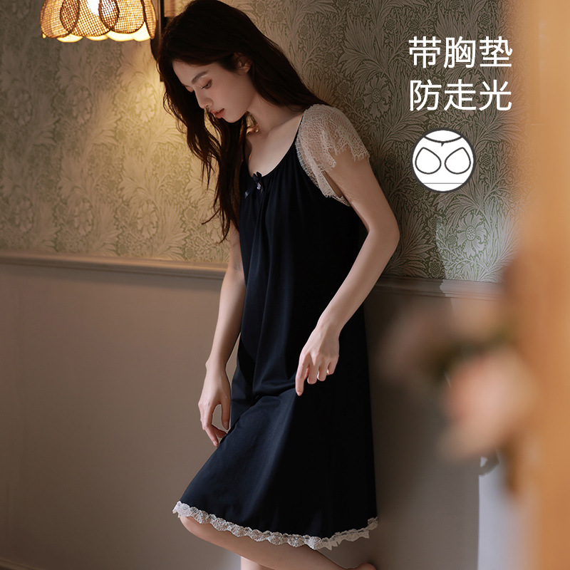 Modal Cotton Nightgown Women's Summer Sexy Strapless Sleeveless Black Pure Lust Style Pajamas with Breast Pads