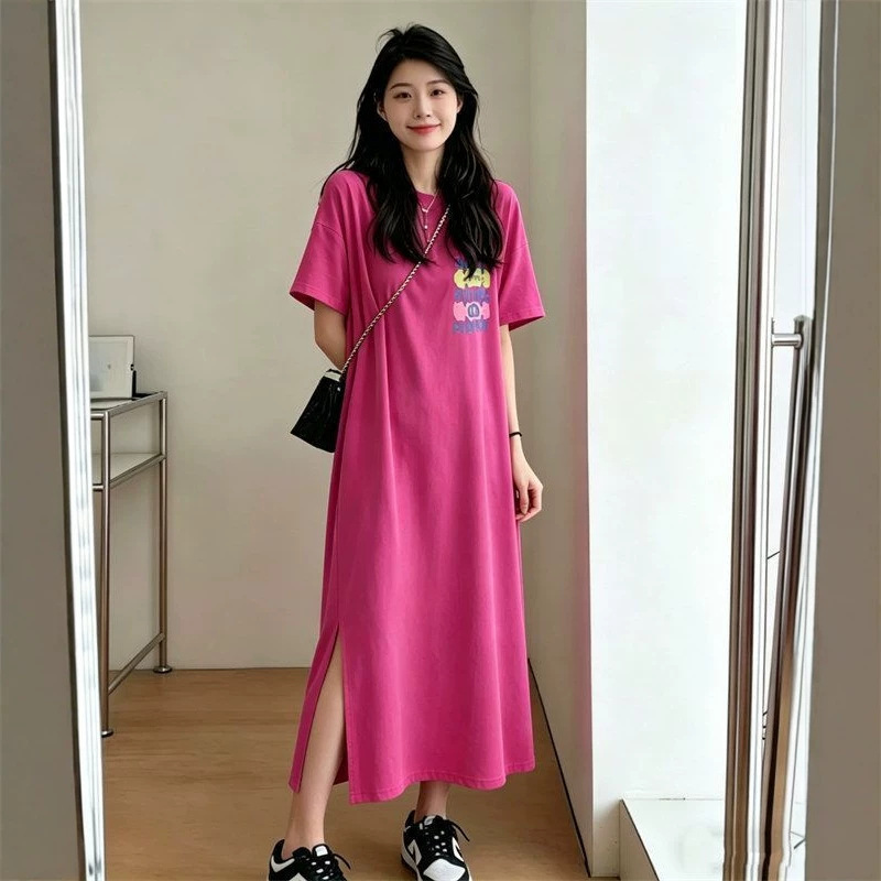 Korean Style Plus-Size Women's Summer New Round-Neck Loose Versatile Mori-Style Slit T-Shirt Dress for Women Cross-Border Selection Korean Style Plus-Size Women's Summer New Round-Neck Loose Versatile Mori-Style Slit T-Shirt Dress for Women Cross-Border Selection