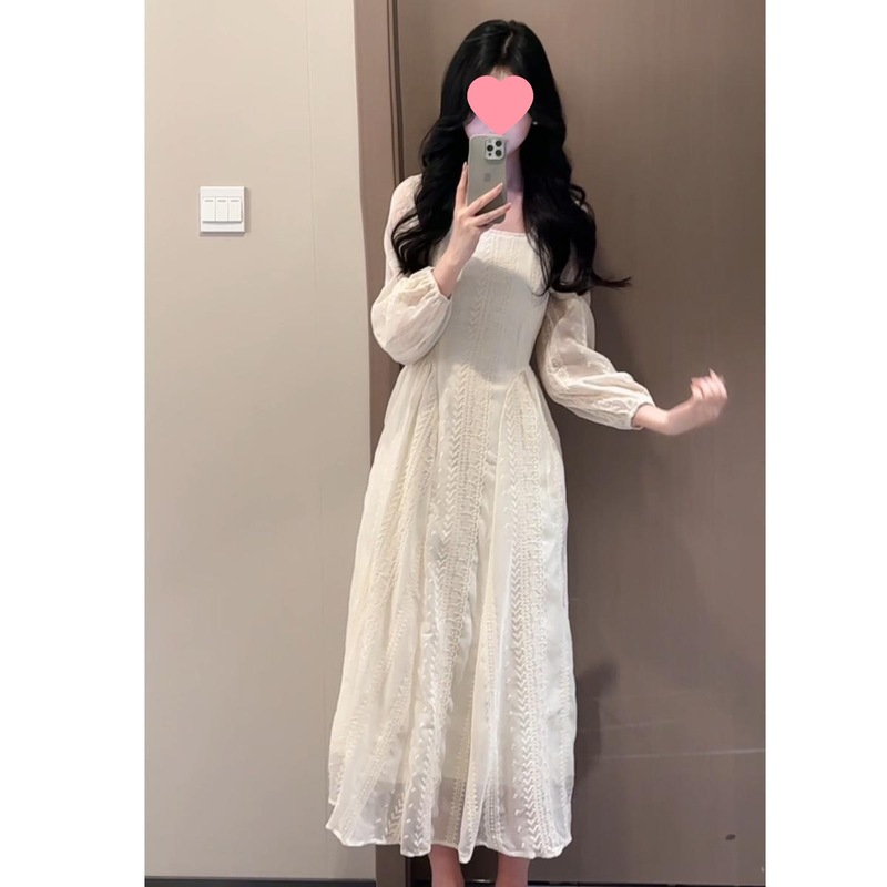 法式温柔杏雨梨云方领裙子女早秋2025新款韩系千金感收腰气质长裙|undefined