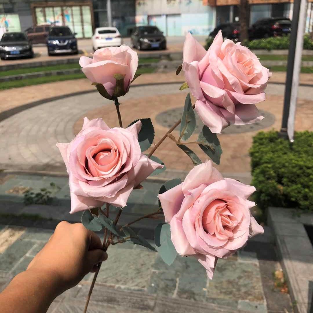 Simulación del Día de San Valentín rosa fabricante 3 sola rama multi-cabeza rosa decoración de la boda flor falsa al por mayor