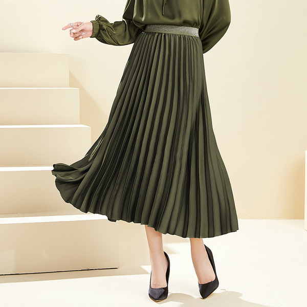 2023 autumn new women's high waist commuter design pleated skirt solid color non-elastic mid-length large swing skirt