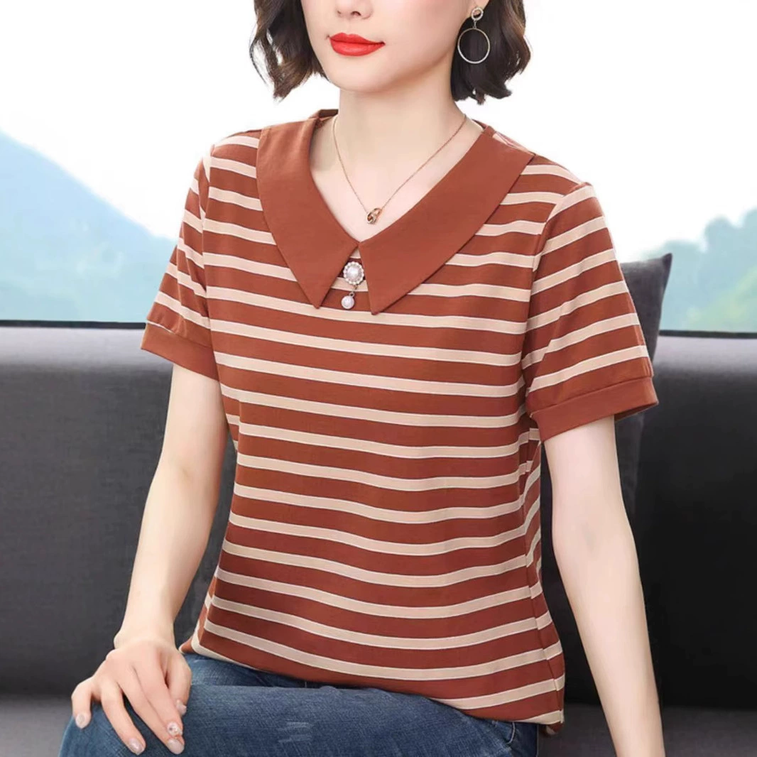 Новые летние женские топы больших размеров для женщин среднего и пожилого возраста, полосатые рубашки с кукольным воротником и короткими рукавами, модные футболки для мам