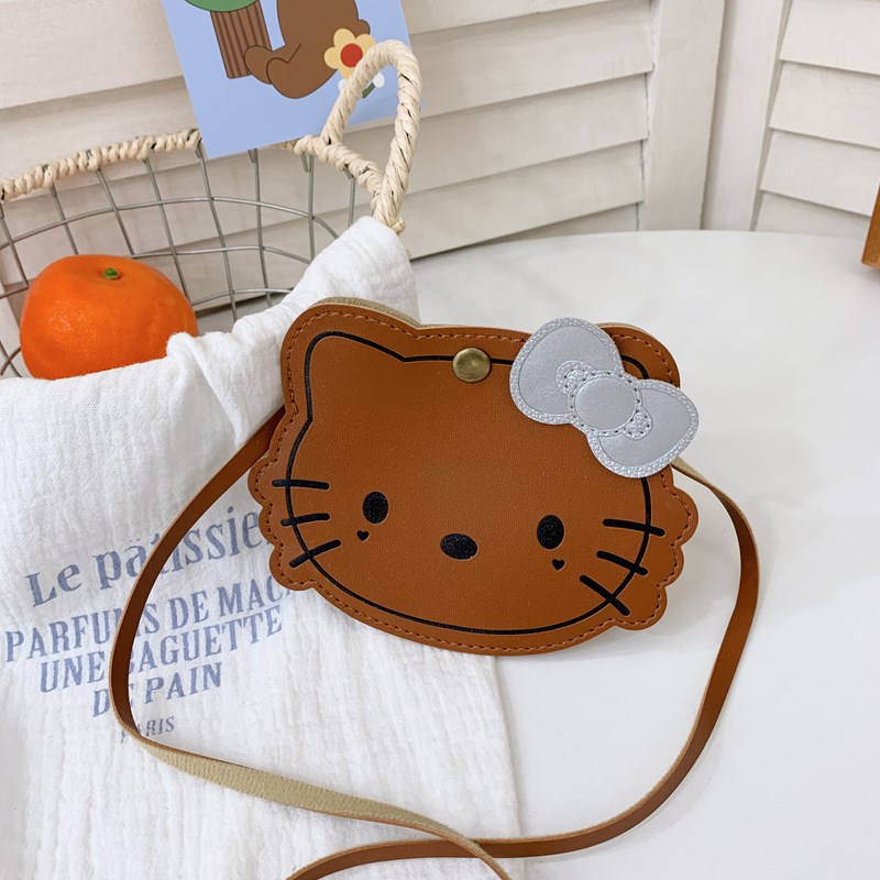 New in Stock: Cute Cat-Themed Girls' Small Bag, Pu Leather, Brown with Bow, Children's Small Crossbody Bag