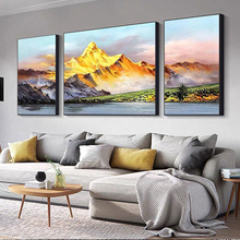 客厅沙发装饰画高端大气手绘风景油画日照金山壁画三联轻奢挂画