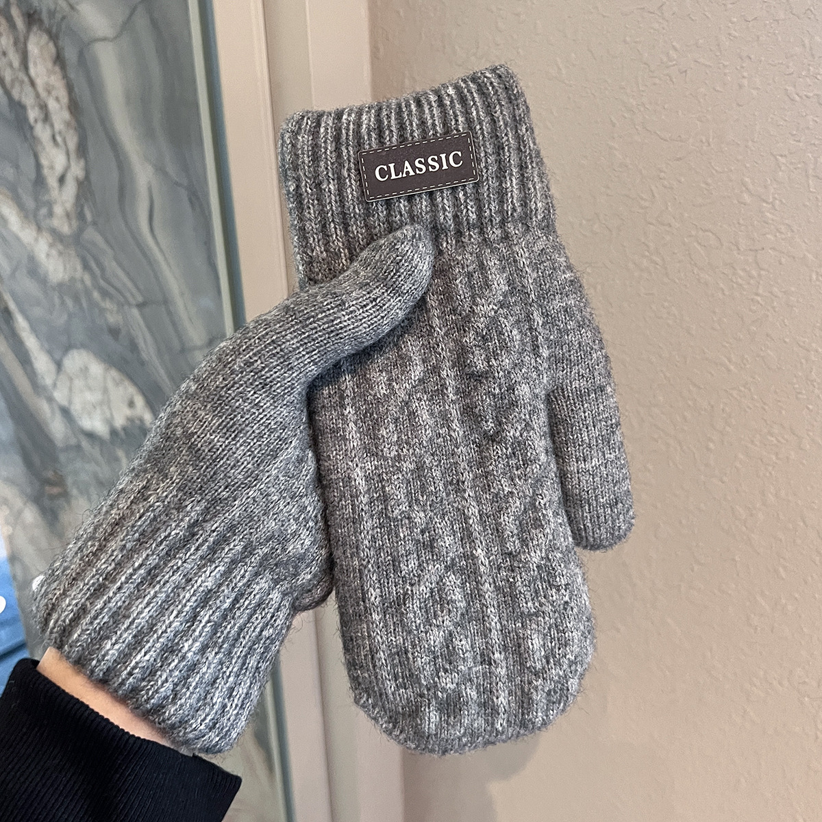 fleece-lined Thickened Warm Gloves Winter Men's Windproof and Cold-proof Wool Knitted Double-layer Multi-finger Outdoor Cycling Tide for Students