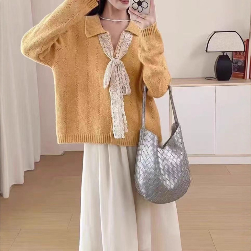 薄款早秋设计感polo领针织衫女韩版慵懒风宽松上衣蕾丝系带毛衣女|undefined