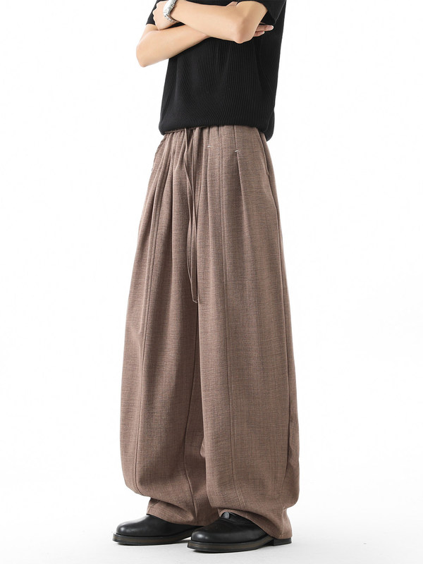 Trendy Brand Pleated Thick Linen Pants, Breathable Straight-Leg Pants for Men, Summer Thin Wide-Leg Long Pants, Casual Loose Seam Design