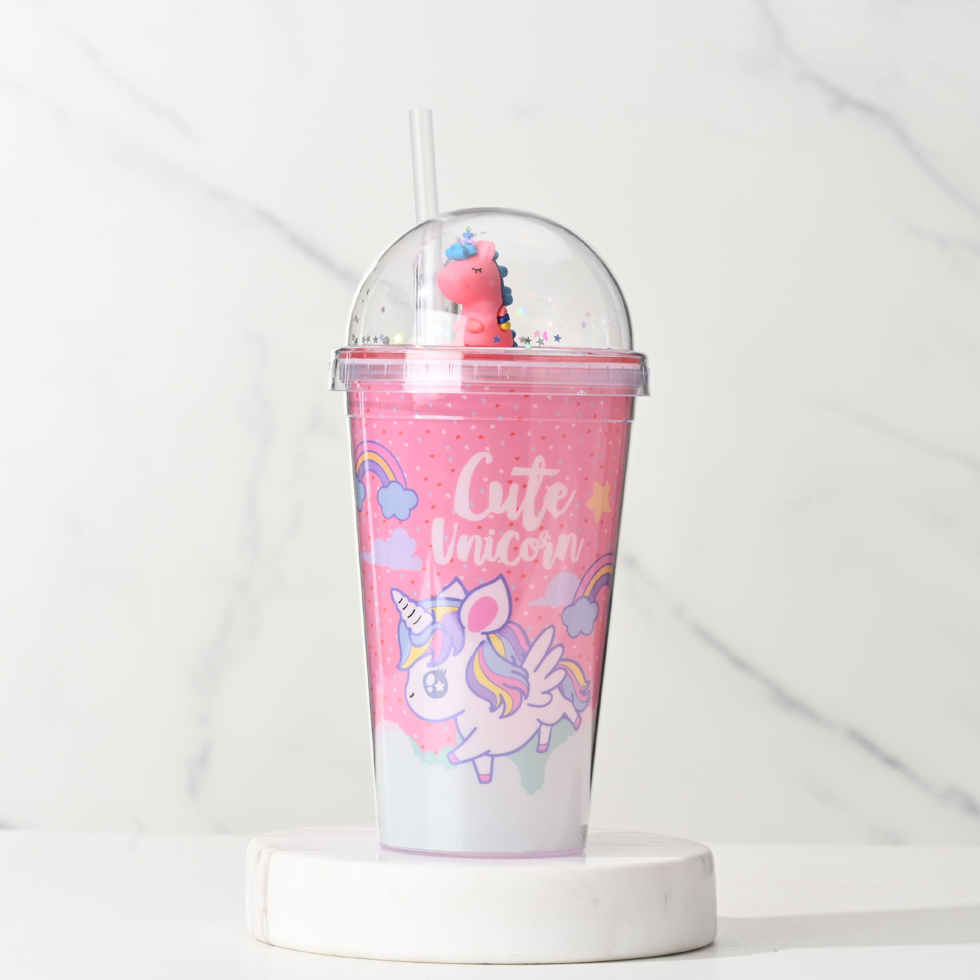 Internet celebridad de dibujos animados unicornio taza de agua de doble capa de plástico de hielo taza de trituración taza de paja taza de alto aspecto estudiante taza de los niños