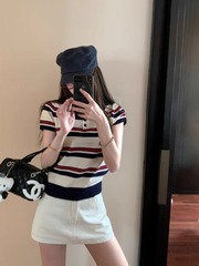 韩系学院风复古撞色条纹短袖T恤女夏季小个子正肩翻领针织衫上衣