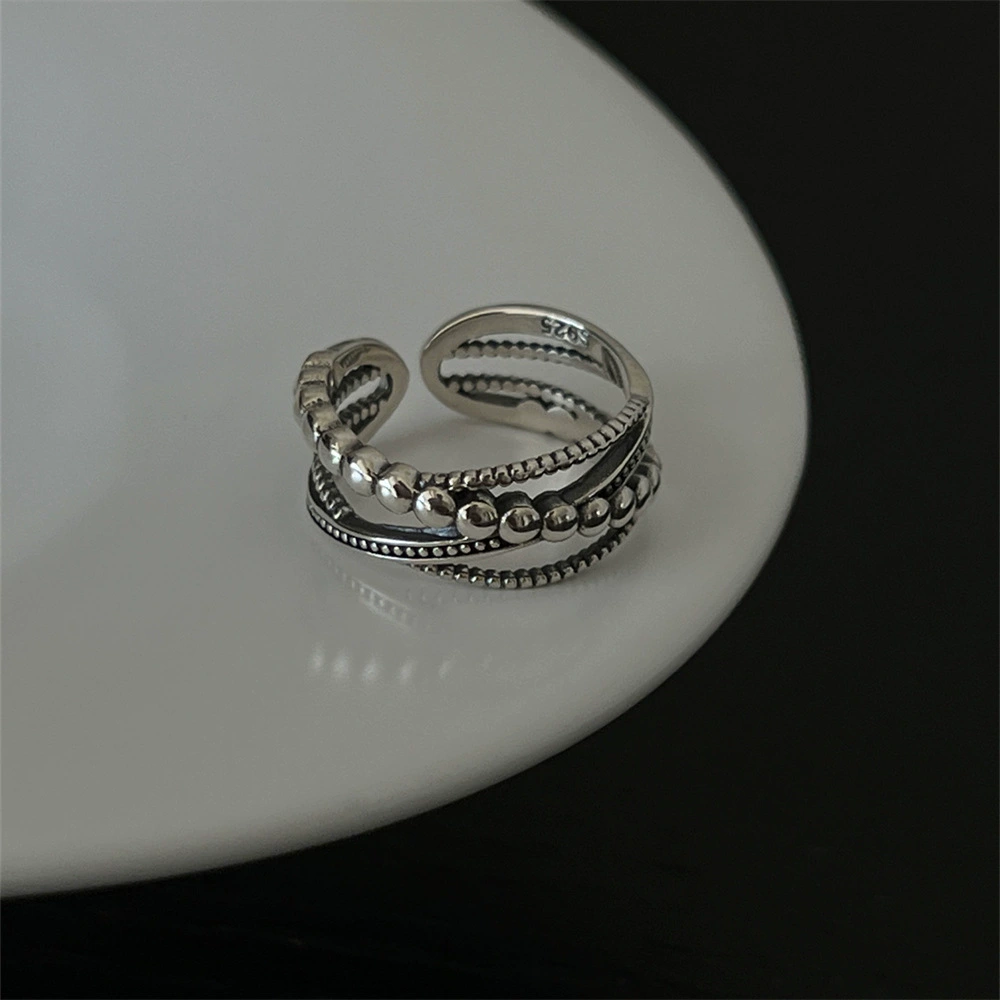 Retro ring, silver 925, one size, index-finger stackable beaded design