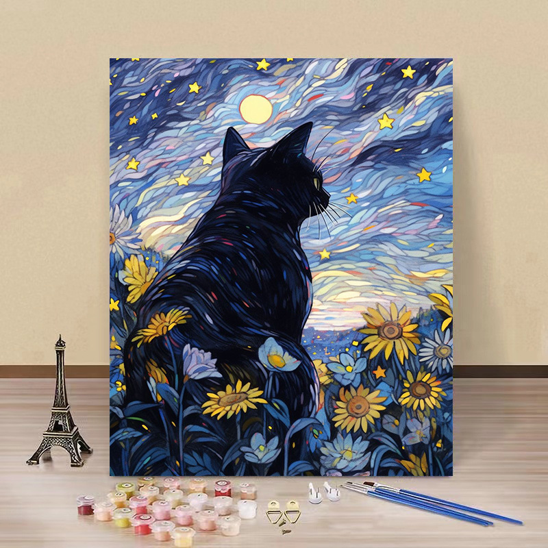 Pintura por números “Gato Estrellado” — arte DIY de fábrica al por mayor, estilo Van Gogh, flores y paisajes hechos a mano