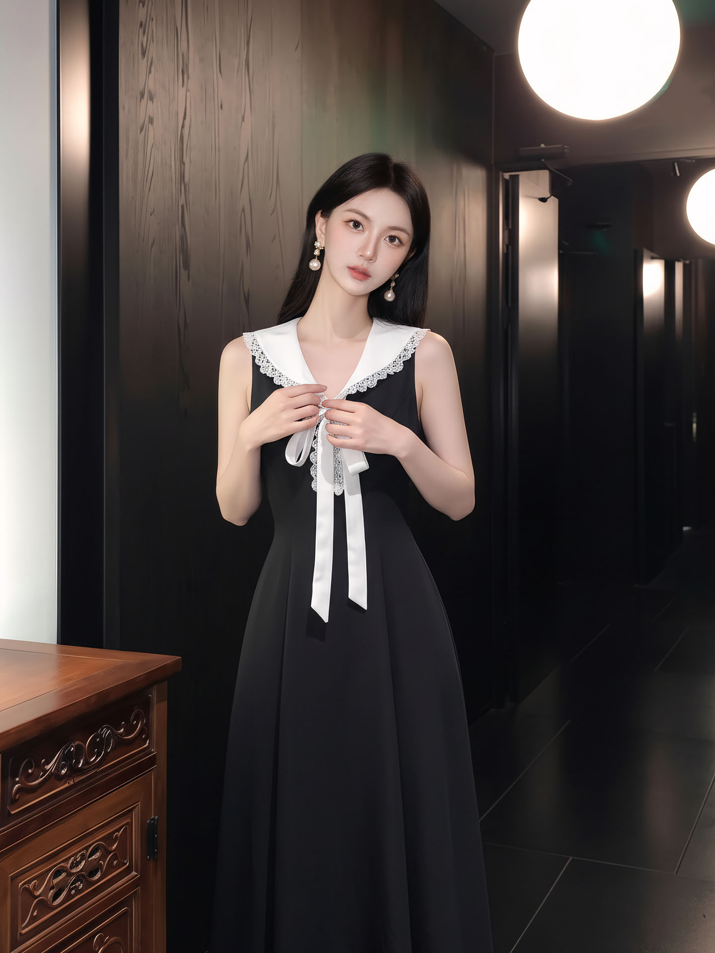 Đầm nữ cổ điển cổ bẻ phối màu, eo thắt, dáng suông midi — Đen ngắn, Đen dài