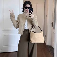 カーキウール野球ジャケットショートジャケット女性のための 2025 春の新しいスタイルの小さなショートデザイン気質ジャケット