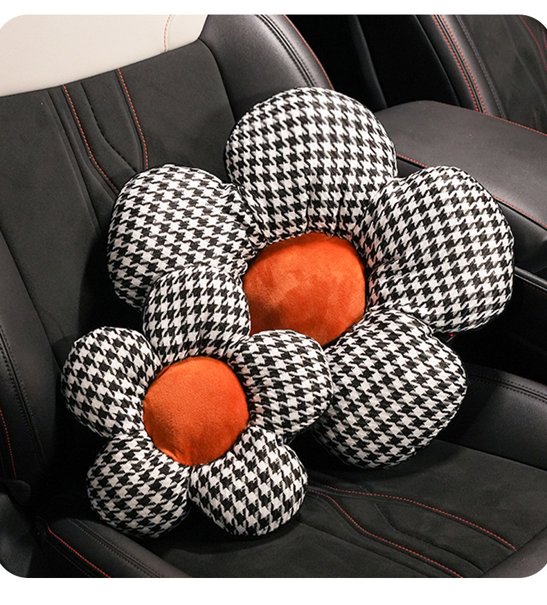 Houndstooth Floral Car Headrest and Lumbar Support Creative Car Seat Neck Pillow Cushion Trendy Car Interior Accessories