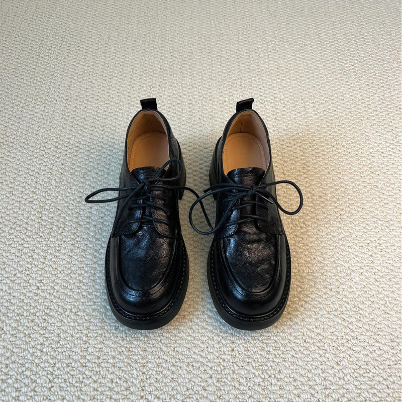 Sheepskin Version of College-Style Lace-Up Chunky Heel Loafers for Women, Genuine Leather Versatile Thick-Soled Casual British-Style Small Leather Shoes
