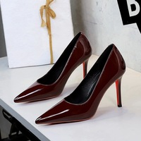 8359 Daily Commuting Red Bottom Non tiring Feet High Heels Female Red Lacquer Leather Sexy Thin Heels Pointed Shallow Mouth Single Shoes Female