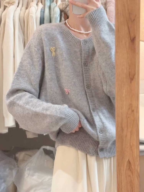 韩版温柔风软糯蓝色针织开衫毛衣外套女秋冬外穿宽松浣熊绒上衣|undefined
