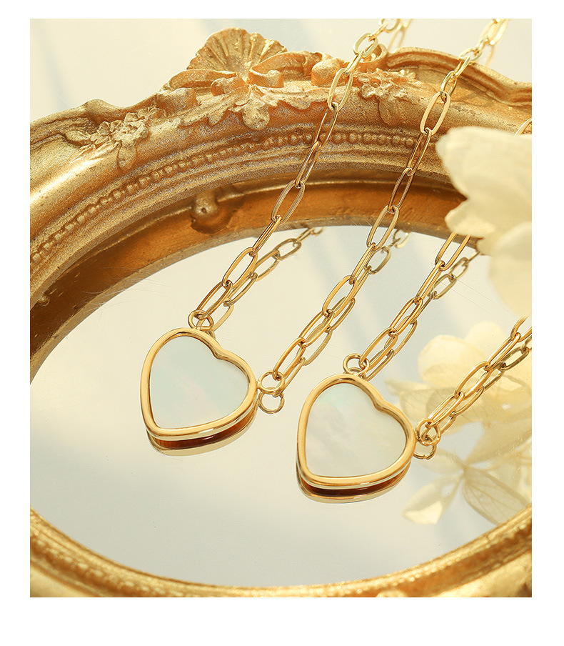 Korean Style White Sea Shell Peach Heart Necklace Female Titanium Steel Plated 18K Real Gold Necklace_colorza_6