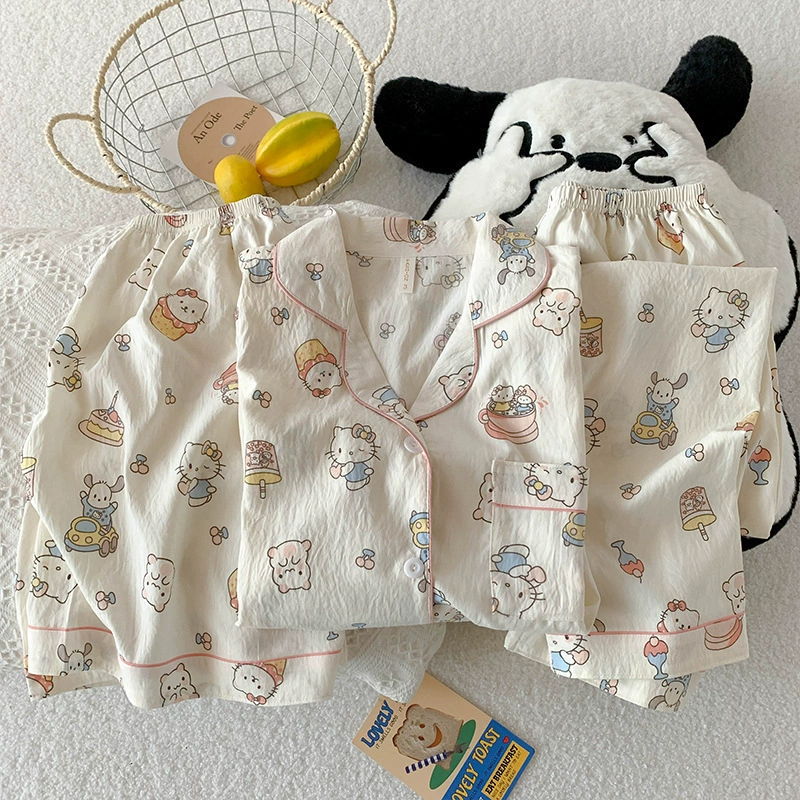 Хлопковая марля летний пижамный комплект (Hello Kitty) — 3 предмета: топ с коротким рукавом и брюки, дышащий