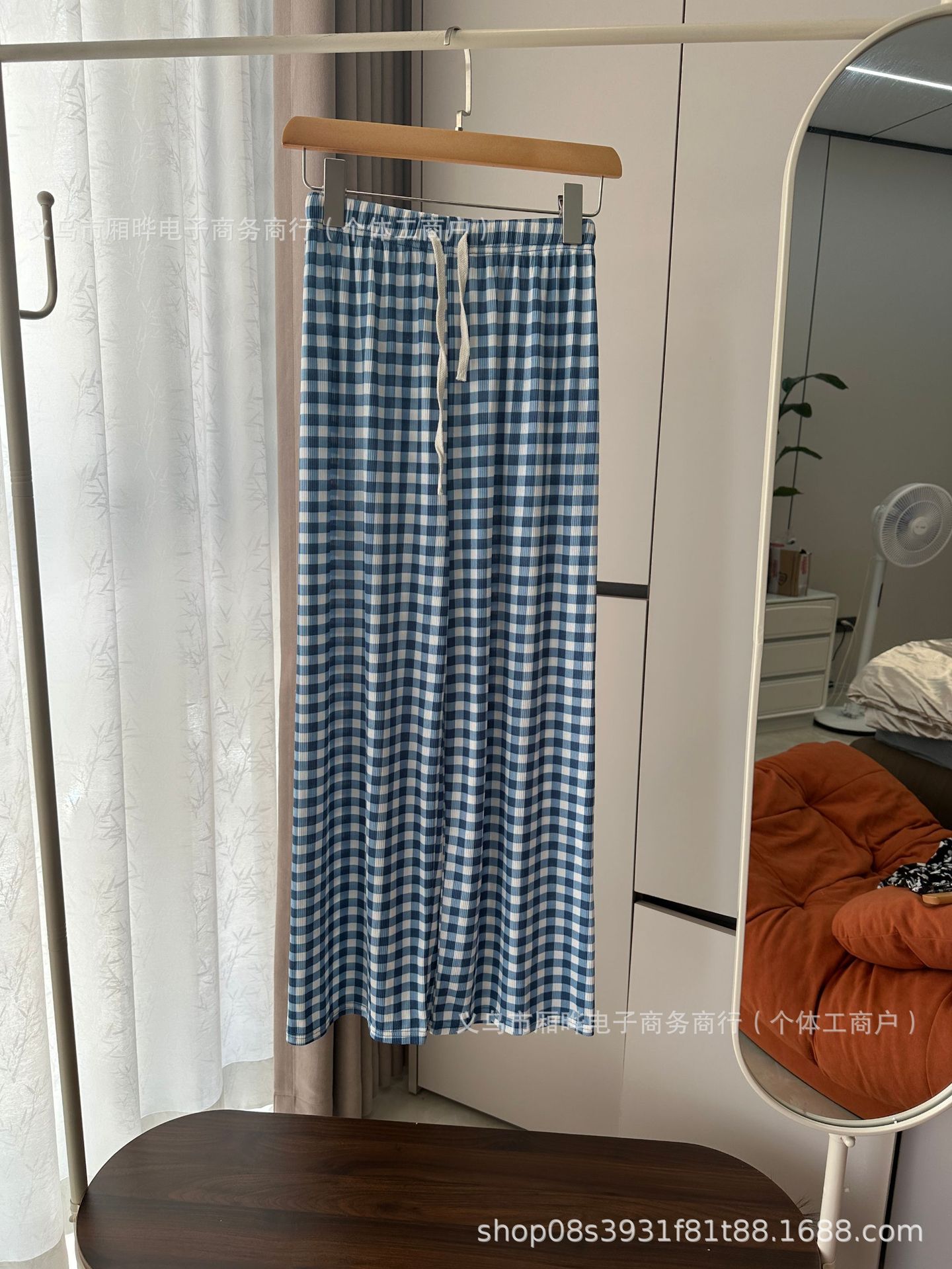 Pantalones Anchos Rectos a Cuadros de Seda de Hielo Poliéster para Verano image 1