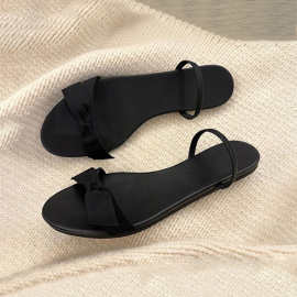 羊皮版~2025年夏季新款真皮仙女风蝴蝶结凉鞋女一字带平底凉拖鞋