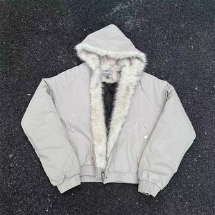 Suishan Carving Hooded Fur Collar Cotton-padded Jacket Men's Winter Design Sense American Style High Street cleanfit Short Cotton-padded Jacket