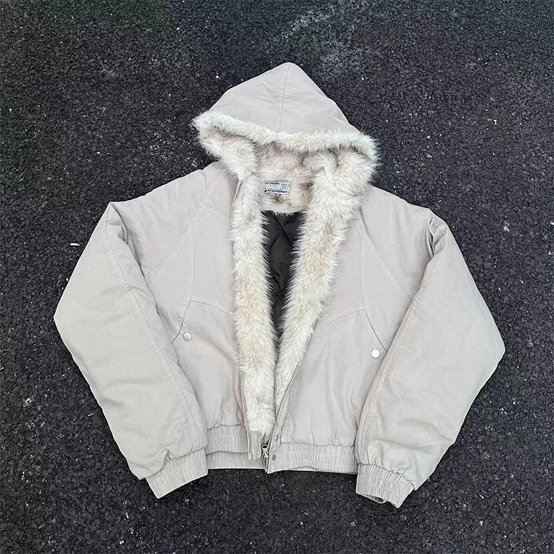 Suishan Carving Hooded Fur Collar Cotton-padded Jacket Men's Winter Design Sense American Style High Street cleanfit Short Cotton-padded Jacket Suishan Carving Hooded Fur Collar Cotton-padded Jacket Men's Winter Design Sense American Style High Street cleanfit Short Cotton-padded Jacket