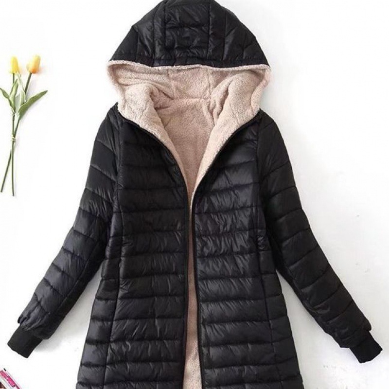 Women's Clothing autumn and winter new Korean version of the long hooded cotton coat women's lambskin warm cotton coat plus velvet jacket top_voghion.com