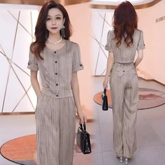 轻奢时尚套装女2025夏季新款洋气显瘦妈妈装气质减龄阔腿裤两件套