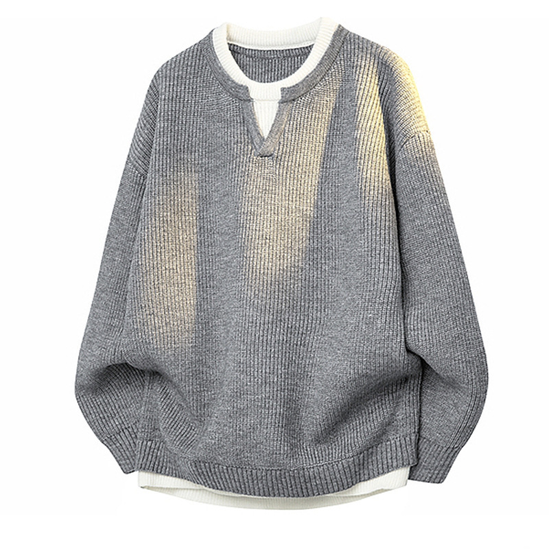Explosiones transfronterizas de tamaño grande europeo falso dos piezas de costura camiseta de punto suéter hombre cuello V viejo viento otoño invierno fábrica al por mayor