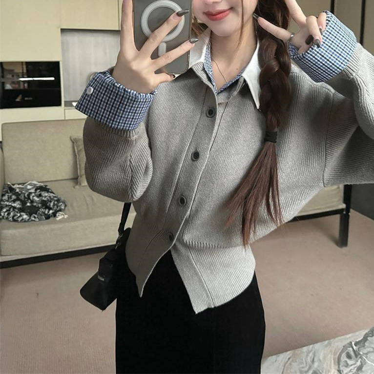 韩系假两件撞色POLO领针织开衫女装春季独特别致软糯内搭毛衣ins|undefined